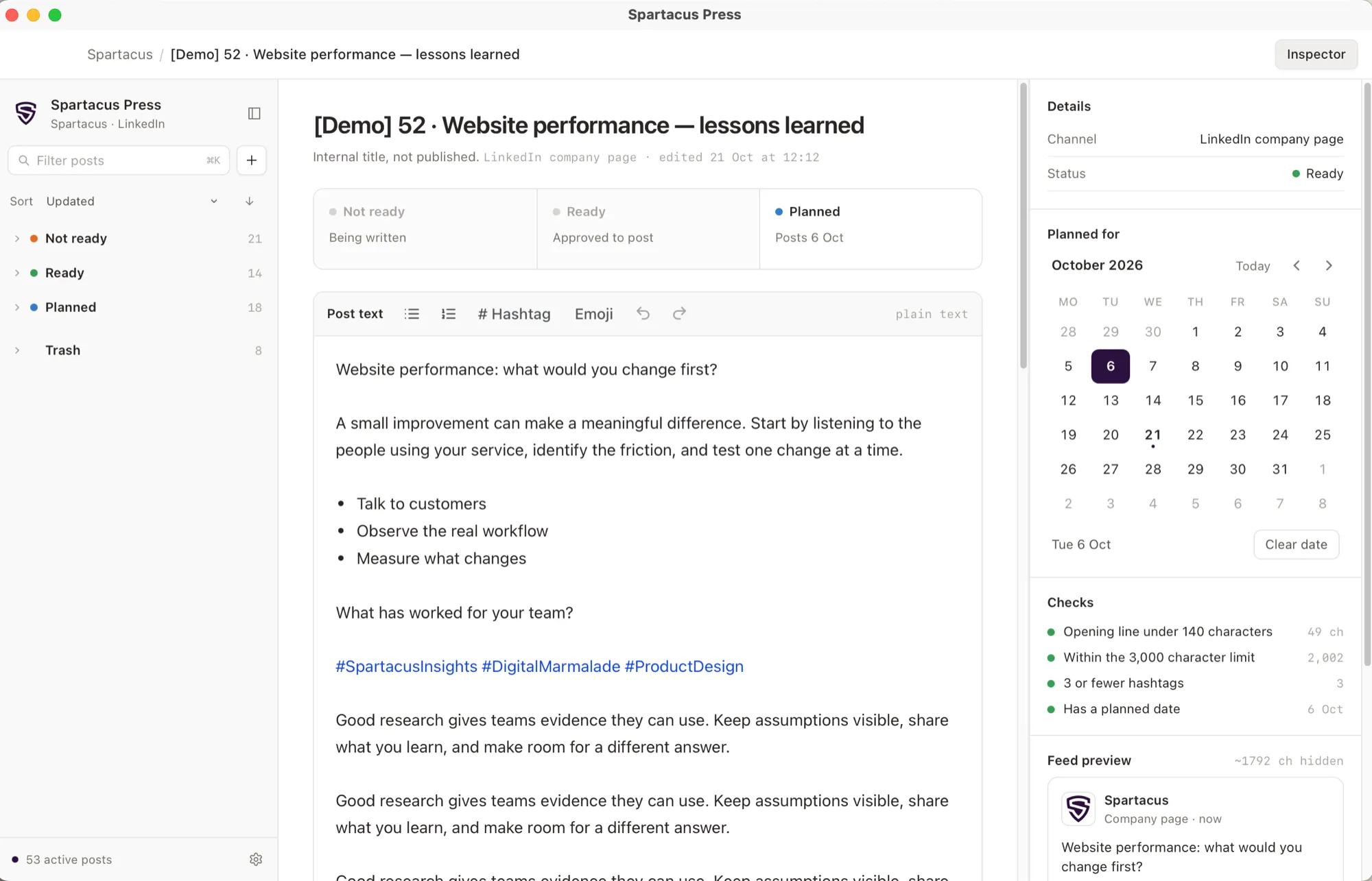 Spartacus Press showing a demo post in the editor, with the post list on the left and the calendar, checks and feed preview on the right